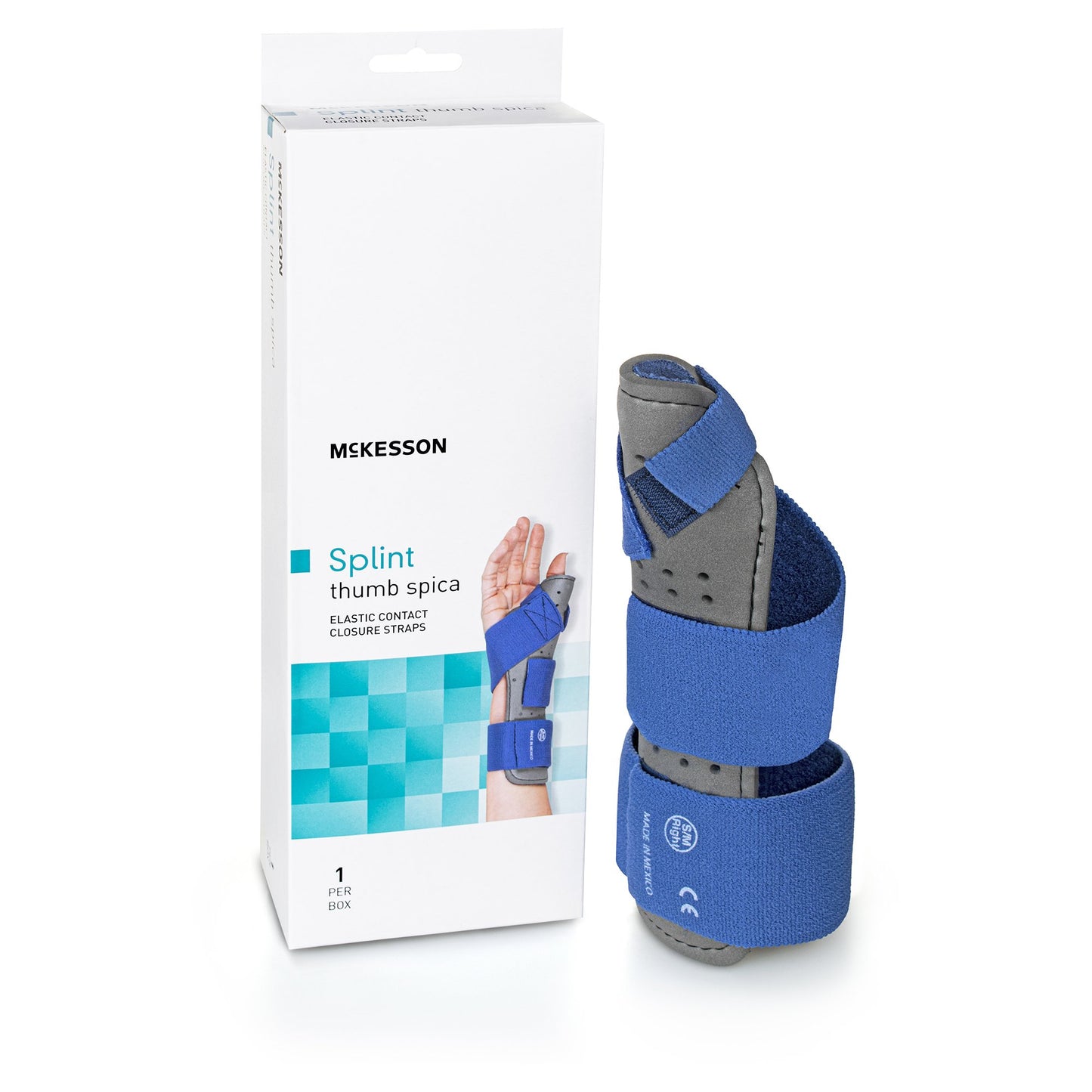 Wrist Brace with Thumb Spica McKesson Preformed Right Hand Blue / Gray Large / X-Large