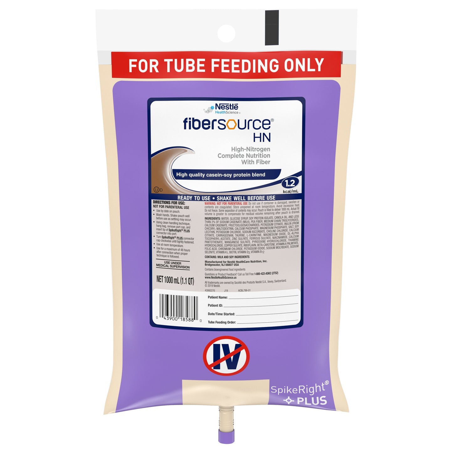 Tube Feeding Formula Fibersource® HN Unflavored Liquid 1000 mL Ready to Hang Prefilled Container