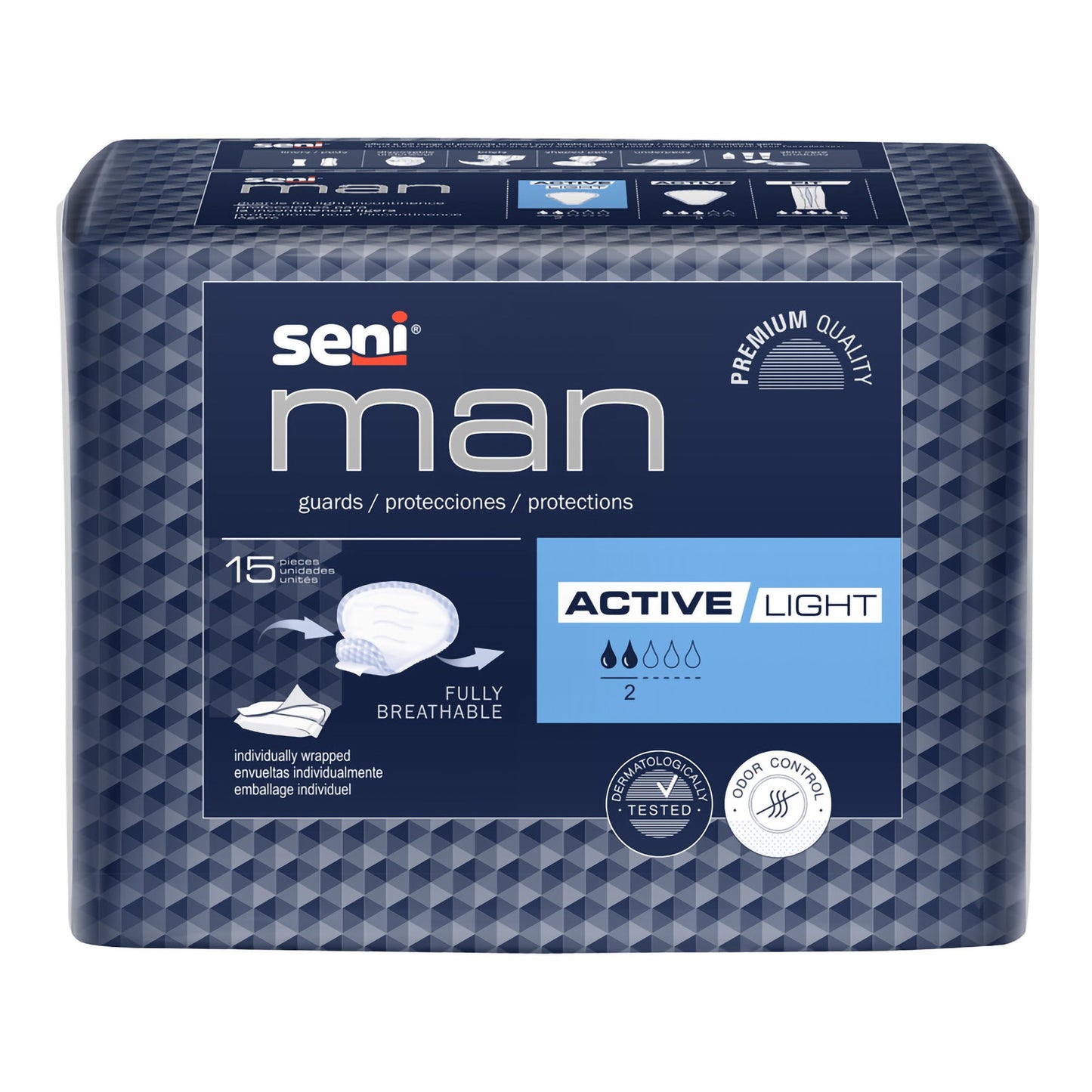 Bladder Control Pad Seni® Man Active Light 7-1/2 X 9-3/10 Inch Light Absorbency Super Absorbent Core One Size Fits Most
