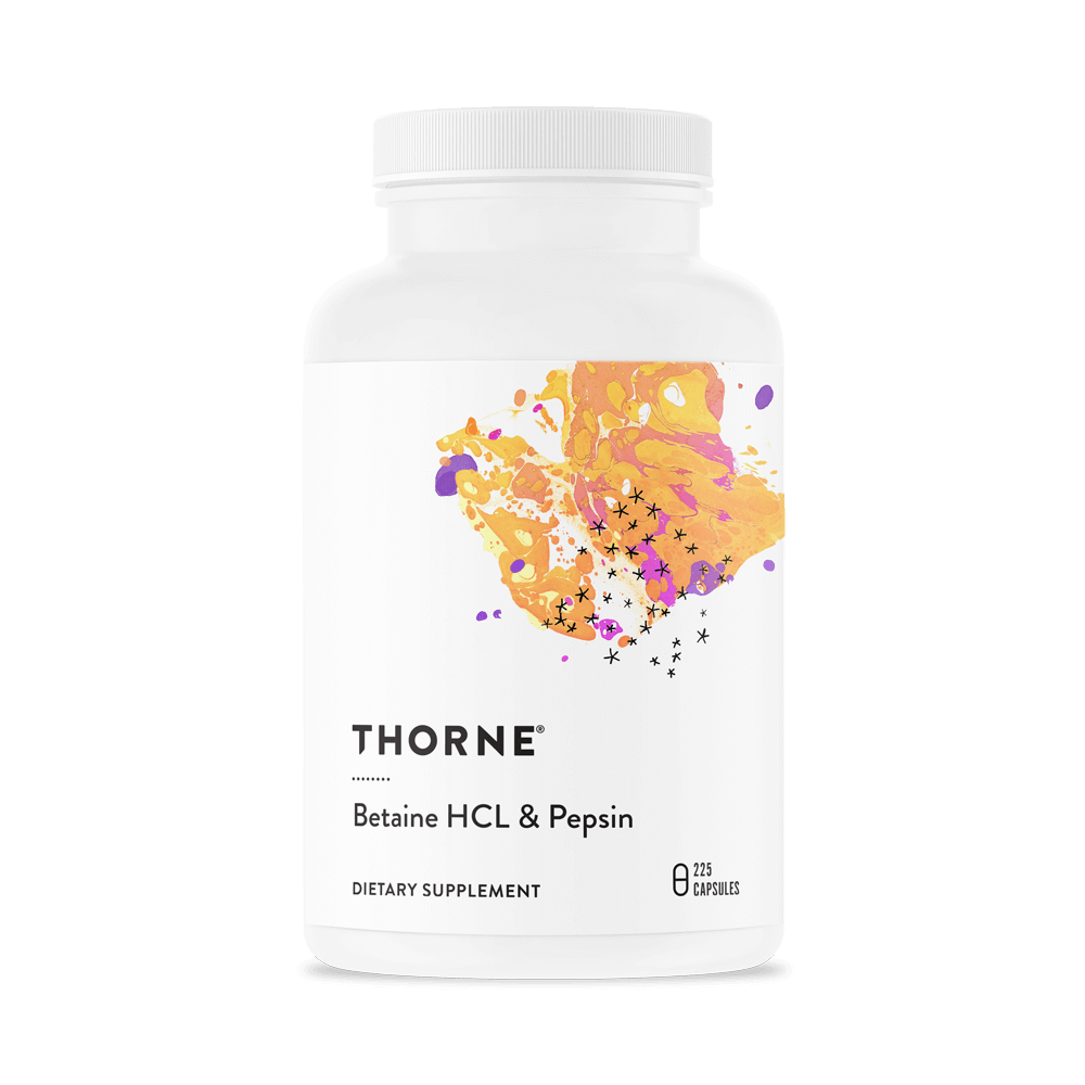 Dietary Supplement THORNE® Betaine HCL / Pepsin Betaine Hydrochloride / Pepsin (Porcine) 1 g - 47 mg Strength Capsule 225 per Bottle