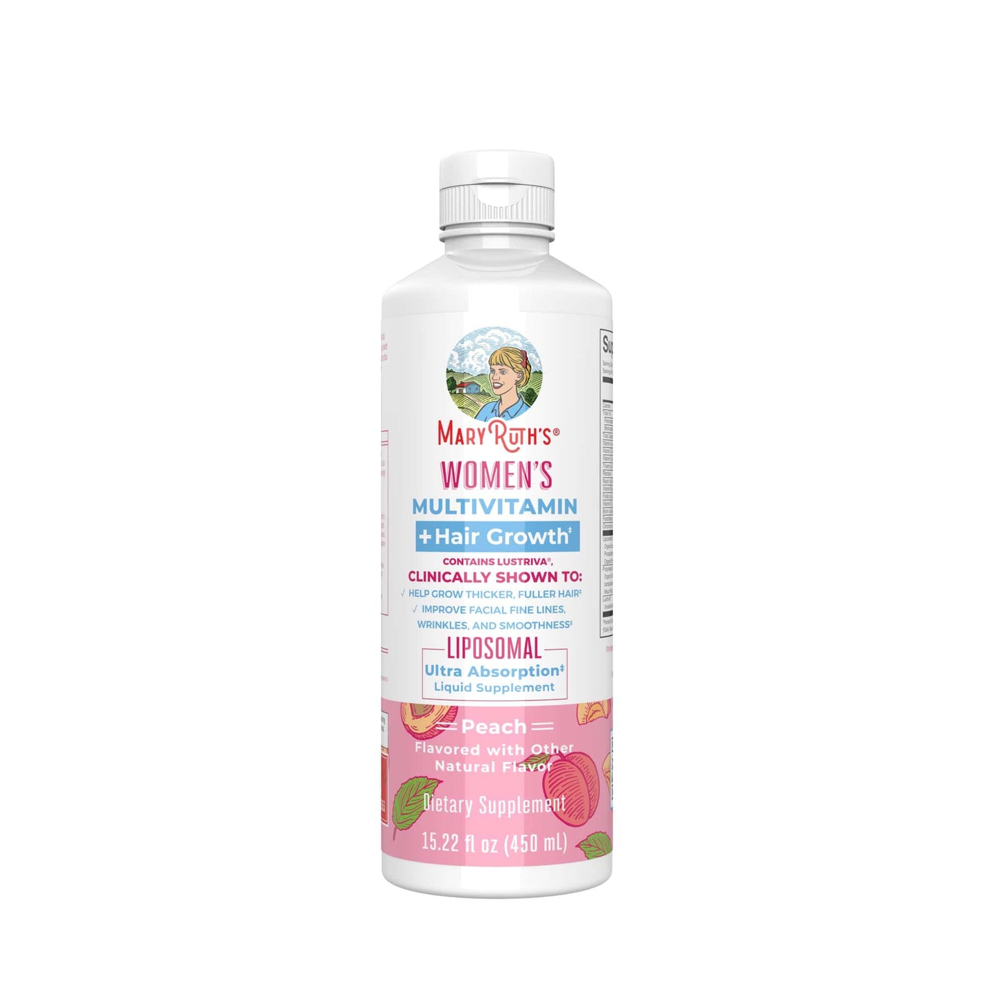 Multivitamin Supplement Mary Ruth's® Women's Multivitamin + Hair Growth Liposomal Vitamin A / D / E / Biotin 500 mcg - 25 mcg - 7 mg - 10,000 mcg Strength Liquid 15.22 oz. Peach Flavor