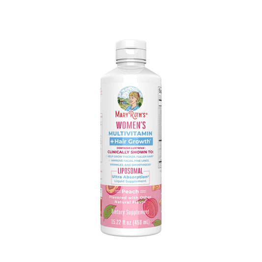 Multivitamin Supplement Mary Ruth's® Women's Multivitamin + Hair Growth Liposomal Vitamin A / D / E / Biotin 500 mcg - 25 mcg - 7 mg - 10,000 mcg Strength Liquid 15.22 oz. Peach Flavor
