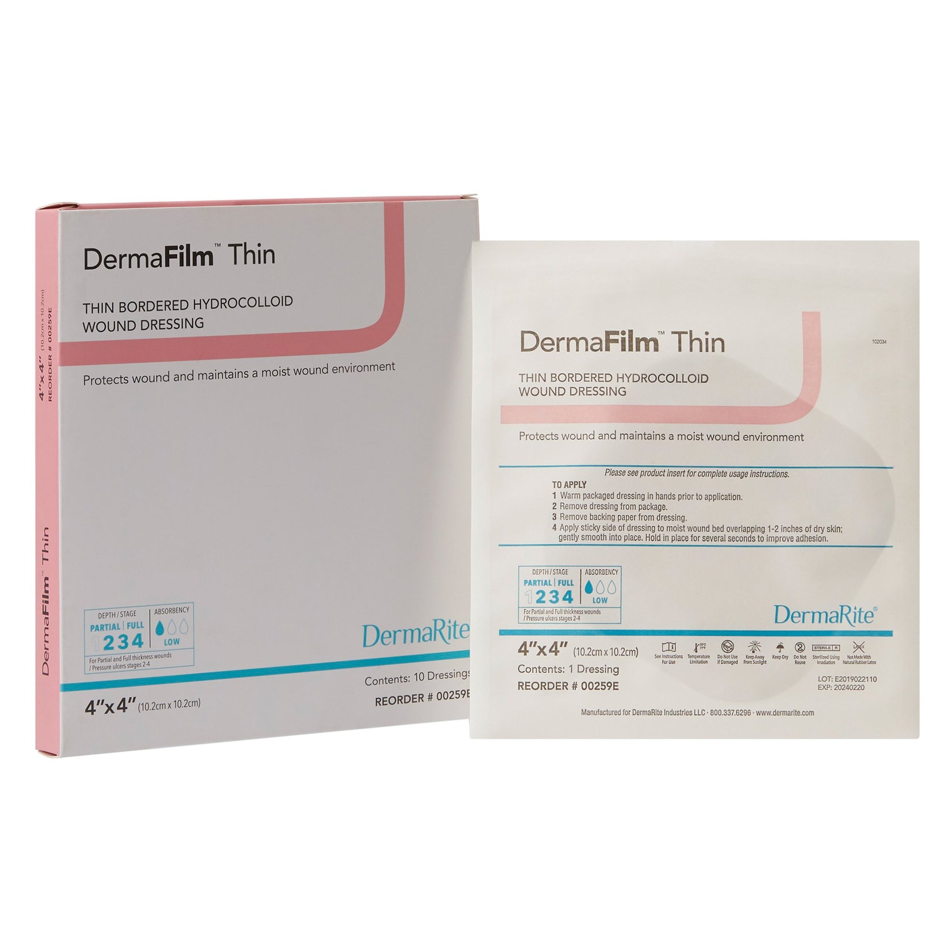 Thin Hydrocolloid Dressing DermaFilm® Film Backing 4 X 4 Inch Square Hydrocolloid / Film