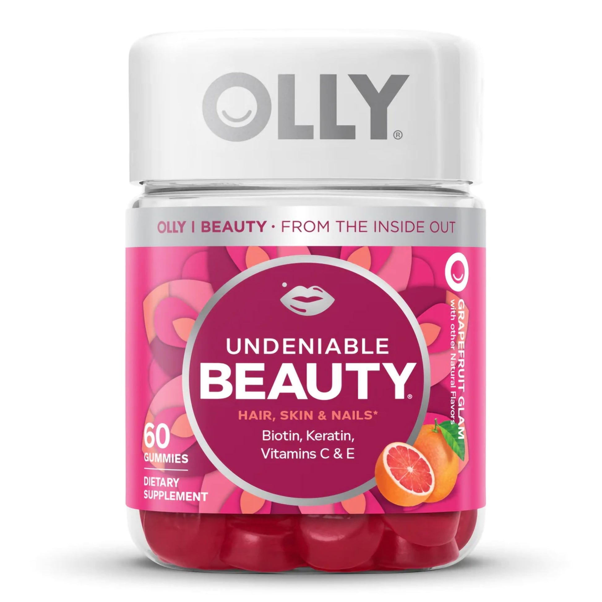 Dietary Supplement OLLY® Undeniable Beauty® Biotin / Vitamin C / Vitamin E / Keratin 2,500 mcg - 15 mg - 7.5 mg - 50 mg Strength Gummy 60 per Bottle Grapefruit Glam Flavor