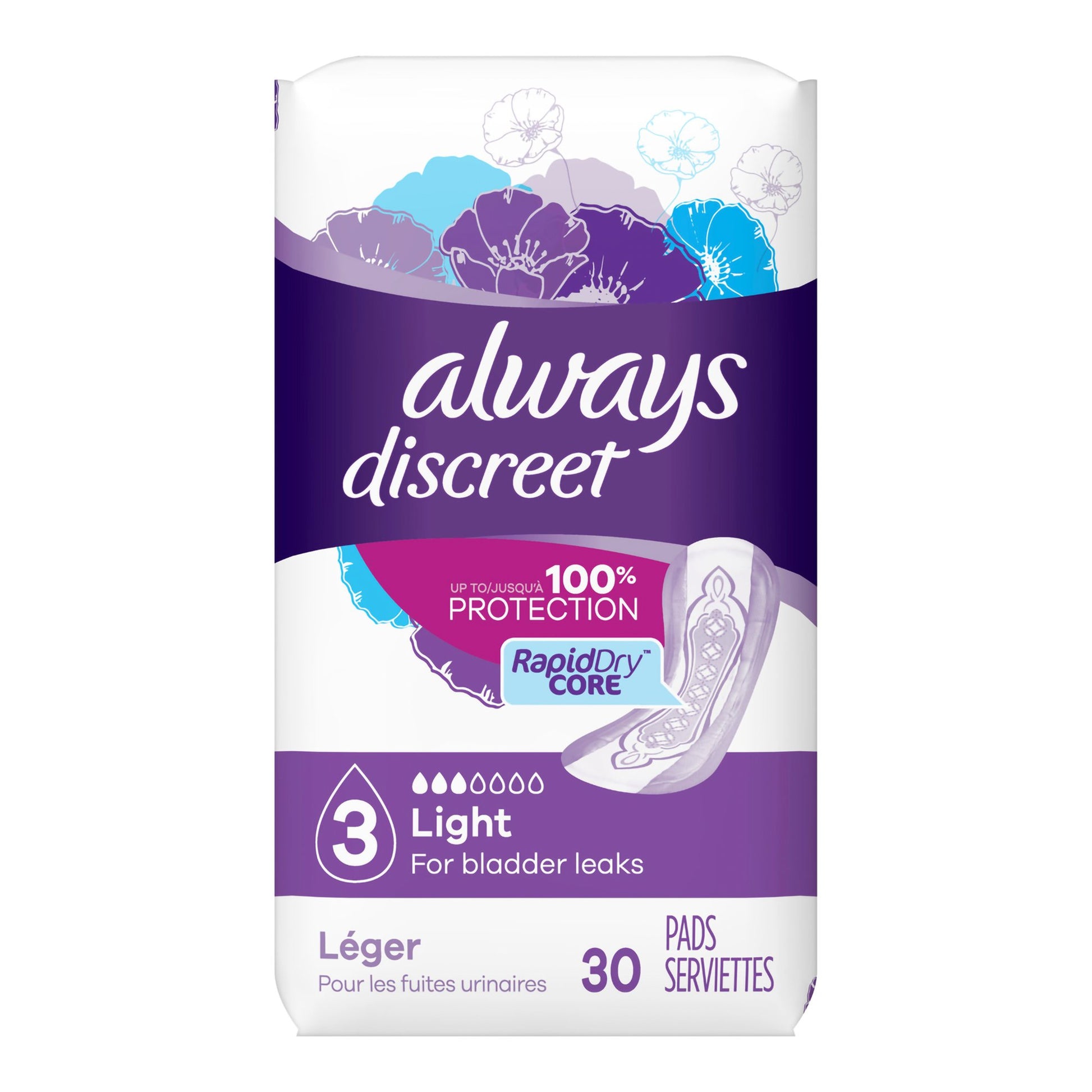 Bladder Control Pad Always® Discreet 9.4 Inch Length Light Absorbency Super Absorbent Core Size 3