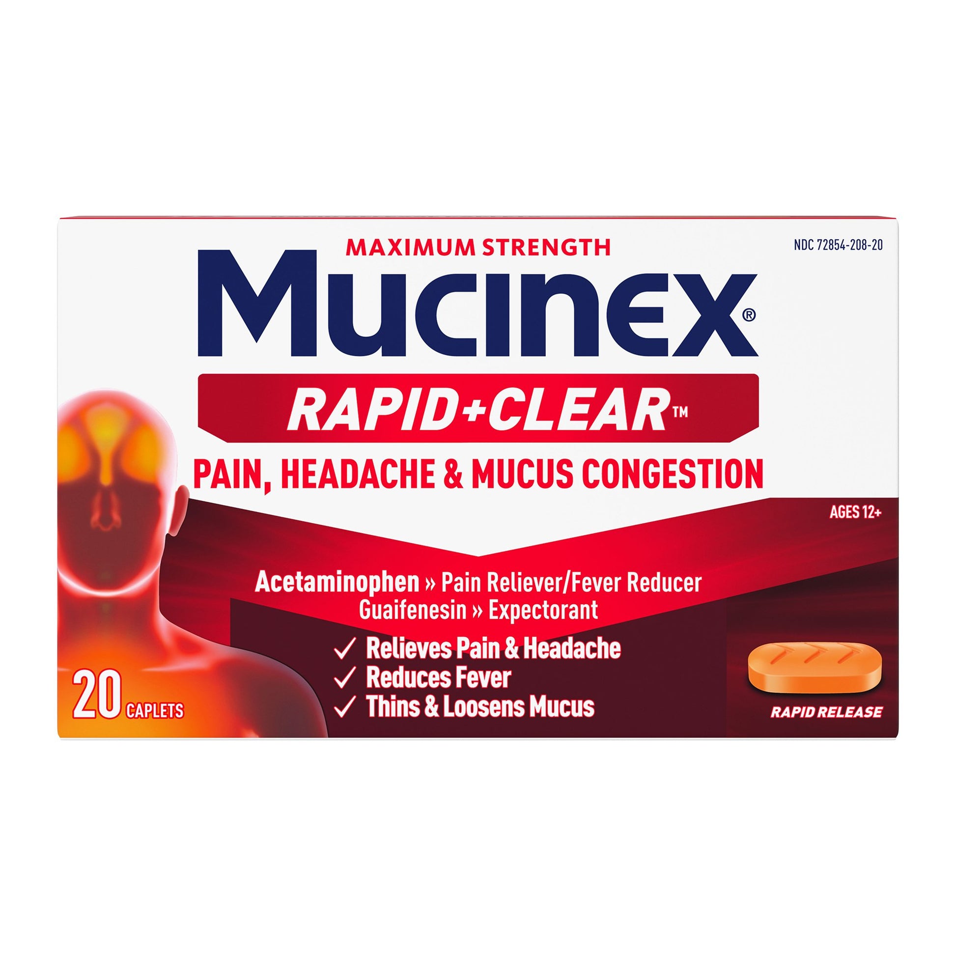 Cold and Cough Relief Mucinex® Maximum Strength Sinus-Max® Pressure, Pain and Cough 325 mg - 10 mg - 200 mg - 5 mg Strength Caplet 20 Per Box