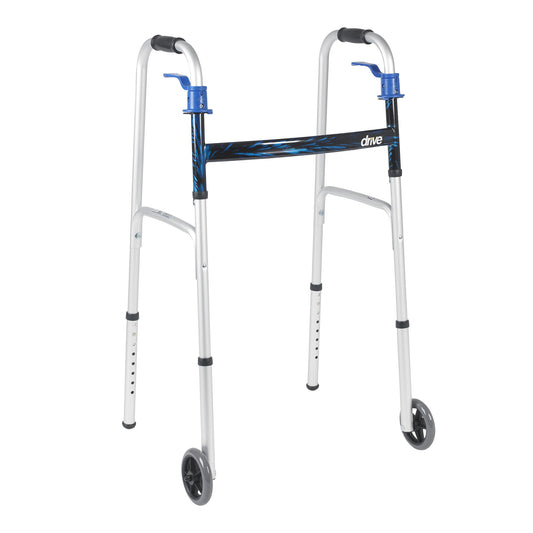 Dual Trigger Release Folding Walker with Wheels Adjustable Height drive™ Aluminum Frame 350 lbs. Weight Capacity 32 to 39 Inch Height