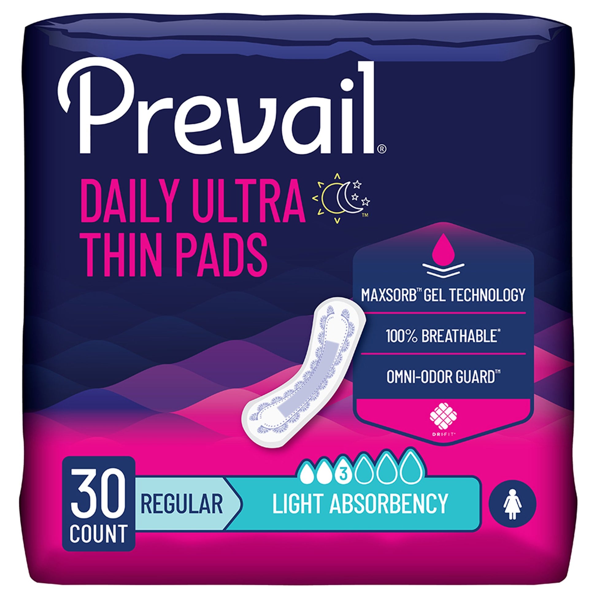 Bladder Control Pad Prevail® Daily Ultra Thin 10-3/4 Inch Light Absorbency Polymer Core One Size Fits Most