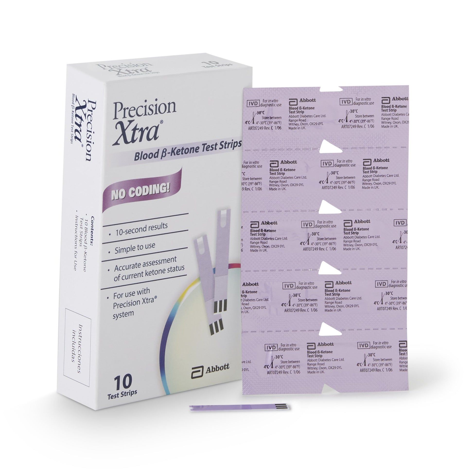 Blood Glucose and Ketone Test Strips Precision Xtra® 10 Strips per Pack For Ketone Precision Meters