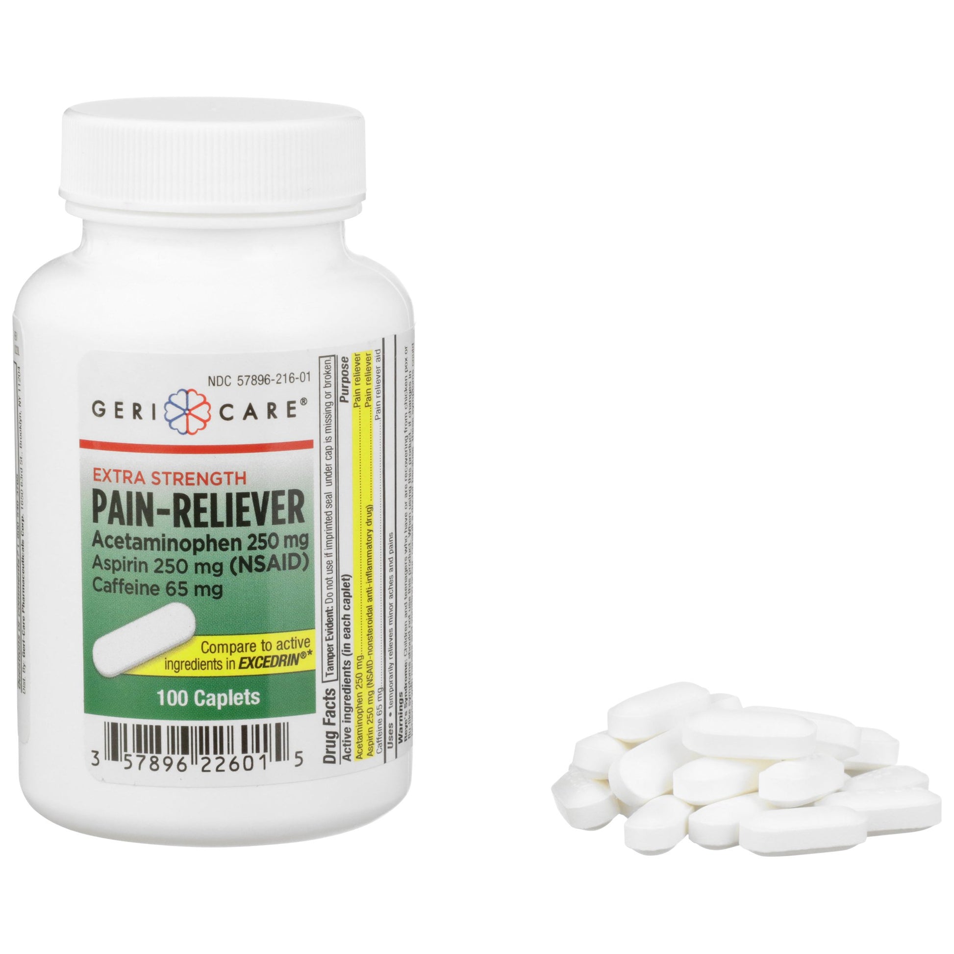 Pain Relief Geri-Care® 250 mg - 250 mg - 65 mg Strength Acetaminophen / Aspirin / Caffeine Caplet 100 per Bottle