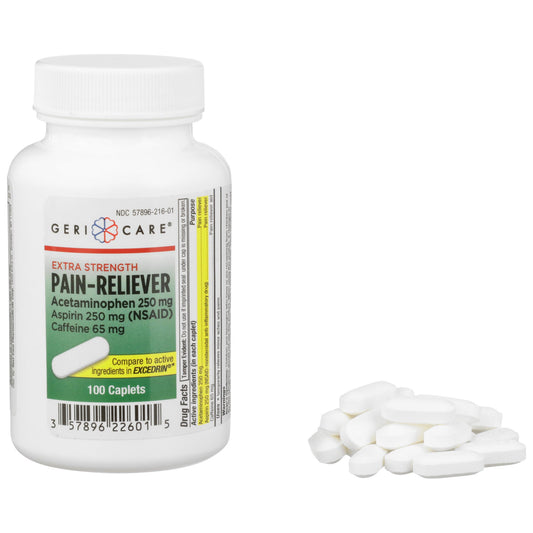 Pain Relief Geri-Care® 250 mg - 250 mg - 65 mg Strength Acetaminophen / Aspirin / Caffeine Caplet 100 per Bottle