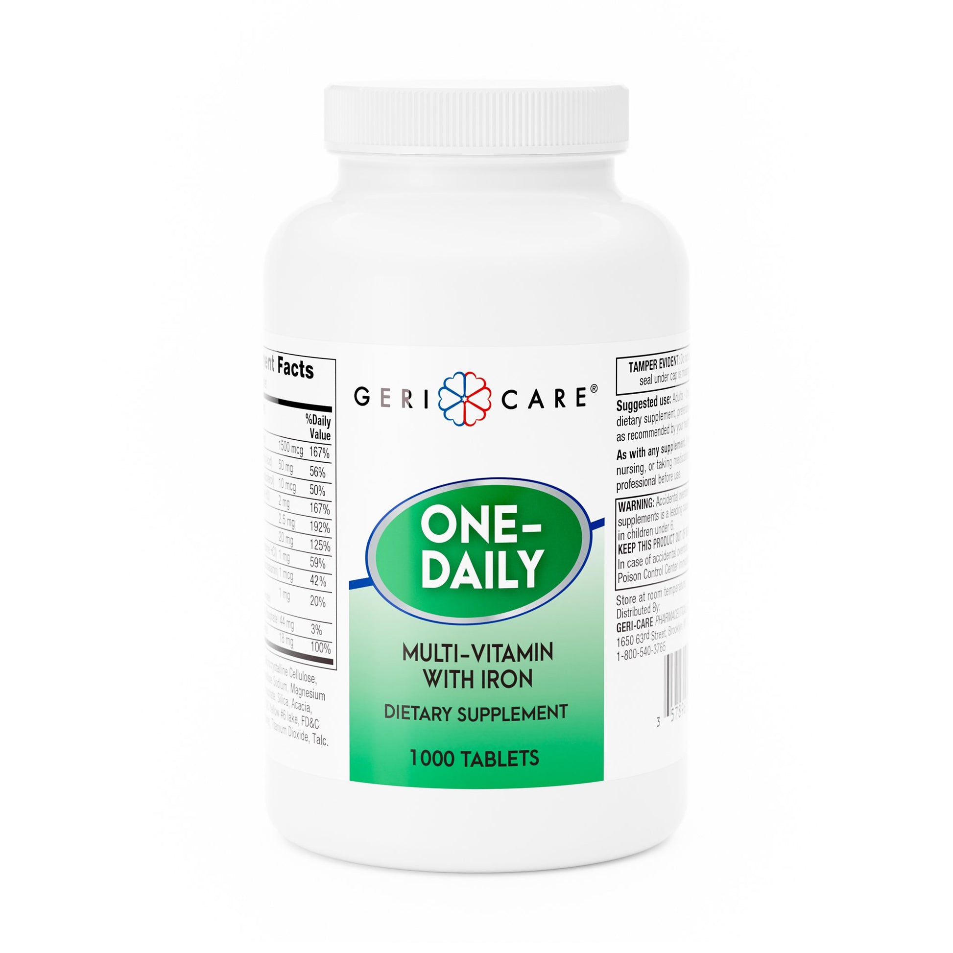 Multivitamin Supplement with Minerals Geri-Care® Vitamin A, Ascorbic Acid, Vitamin D-3, Thiamin, Riboflavin, Niacin, Vitamin B-6, Vitamin B-12, Pantothenic Acid, Iron (ferrous sulfate) 5,000 IU - 50 mg - 400 IU - 2 mg - 2.5 mg - 20 mg - 1 mg - 1 mcg - 1 mg - 18 mg Strength Tablet 1,000 per Bottle Unflavored