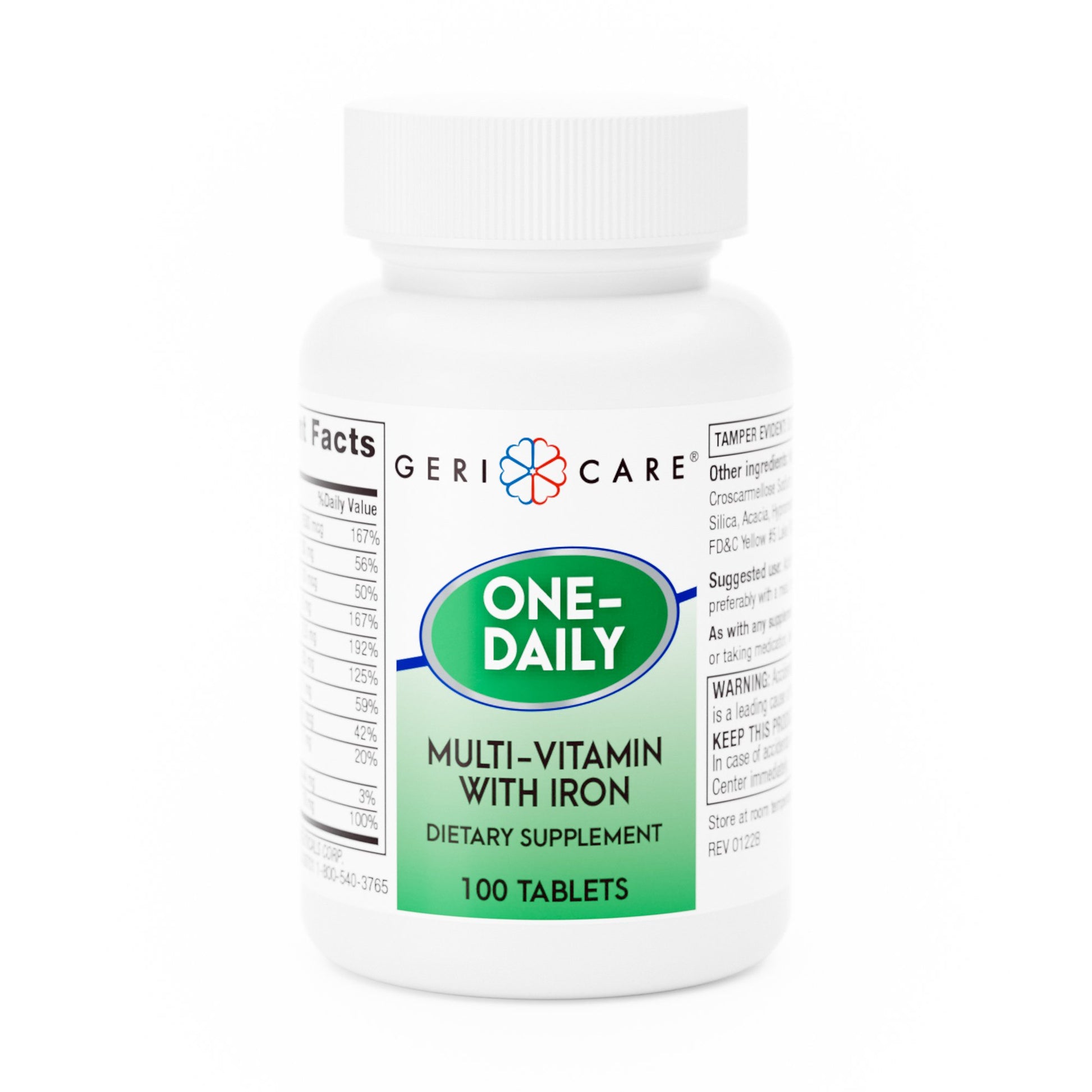 Multivitamin Supplement with Iron Geri-Care® Vitamin A / C / D-3 / Iron 5,000 IU - 50 mg - 400 IU - 18 mg Strength Tablet 100 per Bottle Unflavored