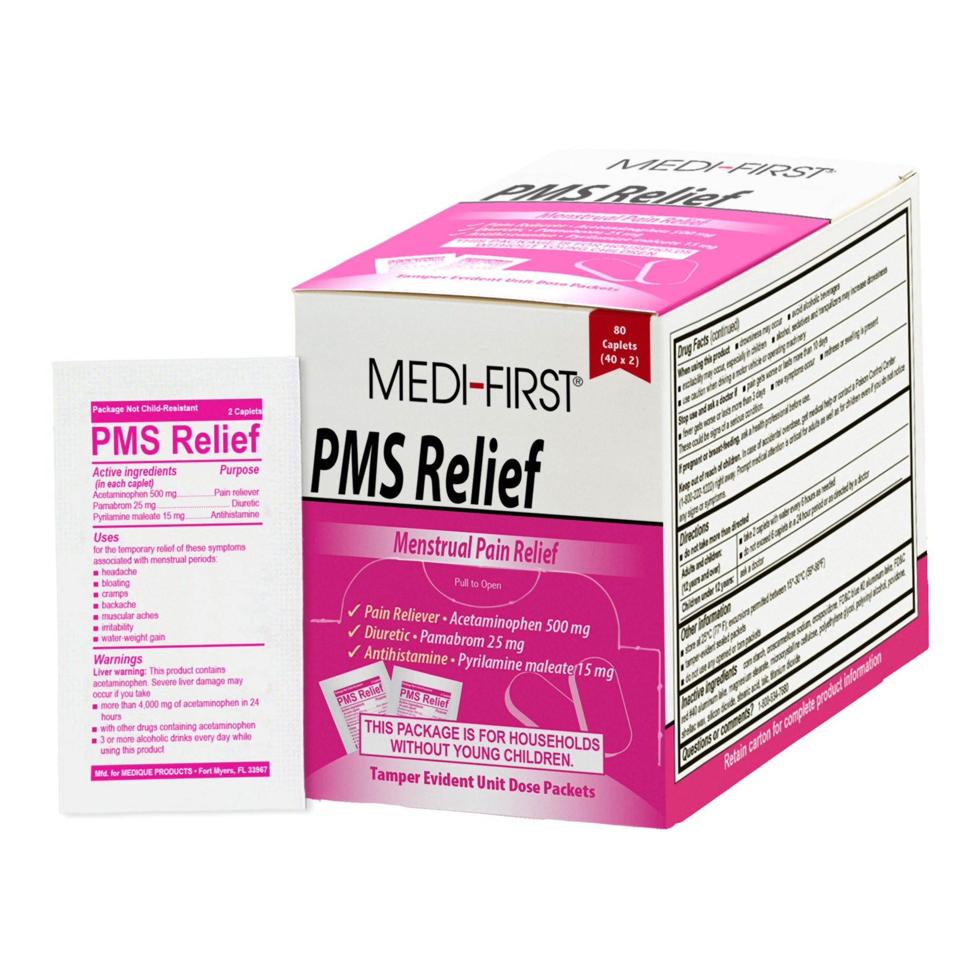 Pain Relief PMS Relief 500 mg - 25 mg - 15 mg Strength Acetaminophen / Pamabrom / Pyrilamine Maleate Caplet 80 per Box