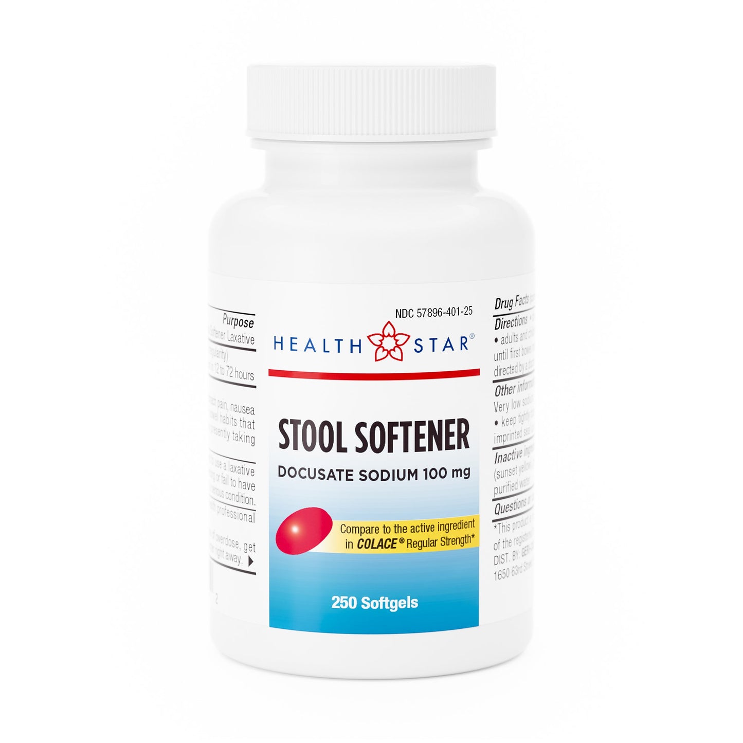 Stool Softener HEALTH STAR® Softgel 250 per Bottle 100 mg Strength Docusate Sodium