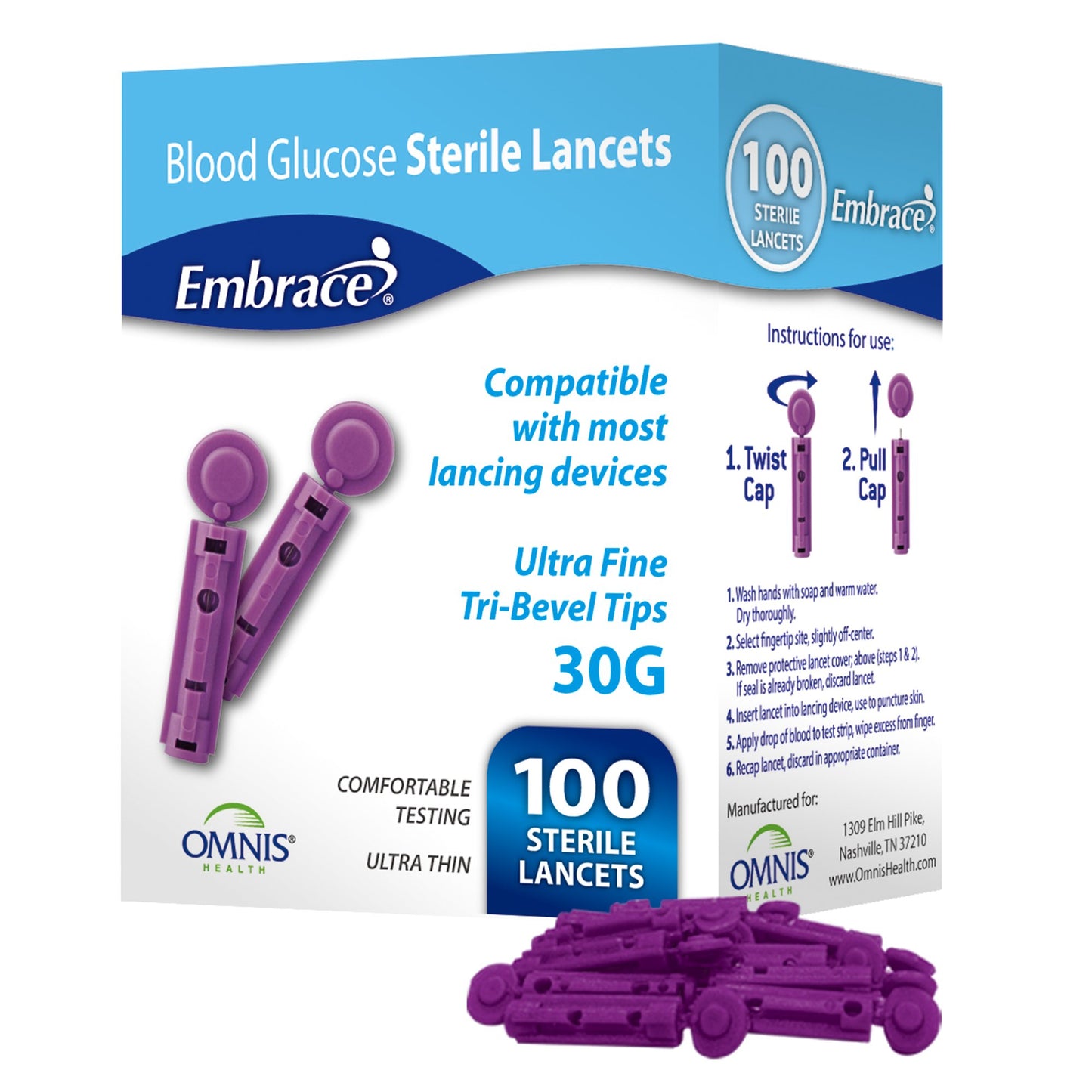 Lancet for Lancing Device Embrace® 30 Gauge Non-Safety Twist Off Cap Finger