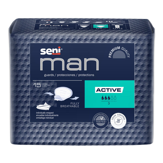 Bladder Control Pad Seni® Man Active 8-9/10 X 10-3/5 Inch Moderate Absorbency Super Absorbent Core One Size Fits Most