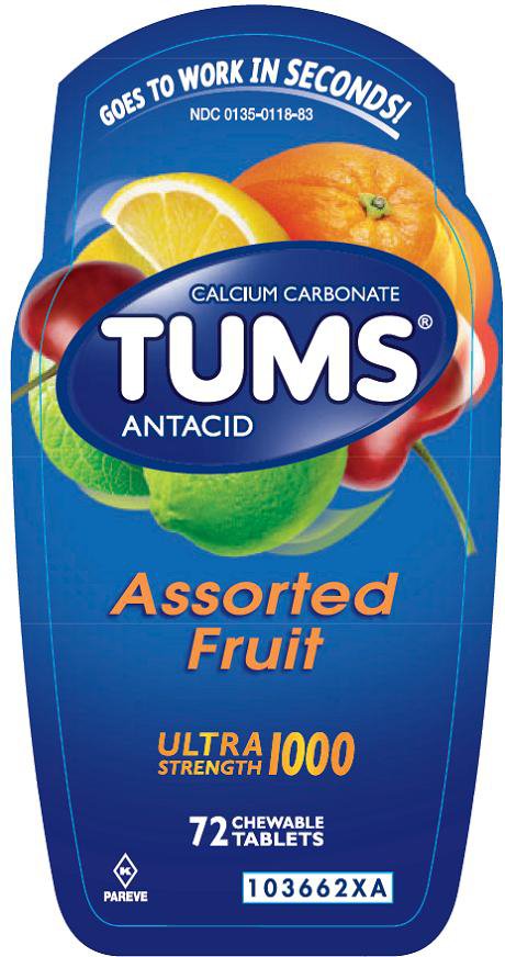 Antacid Tums® Ultra Strength 1,000 mg Strength Chewable Tablet 72 per Bottle