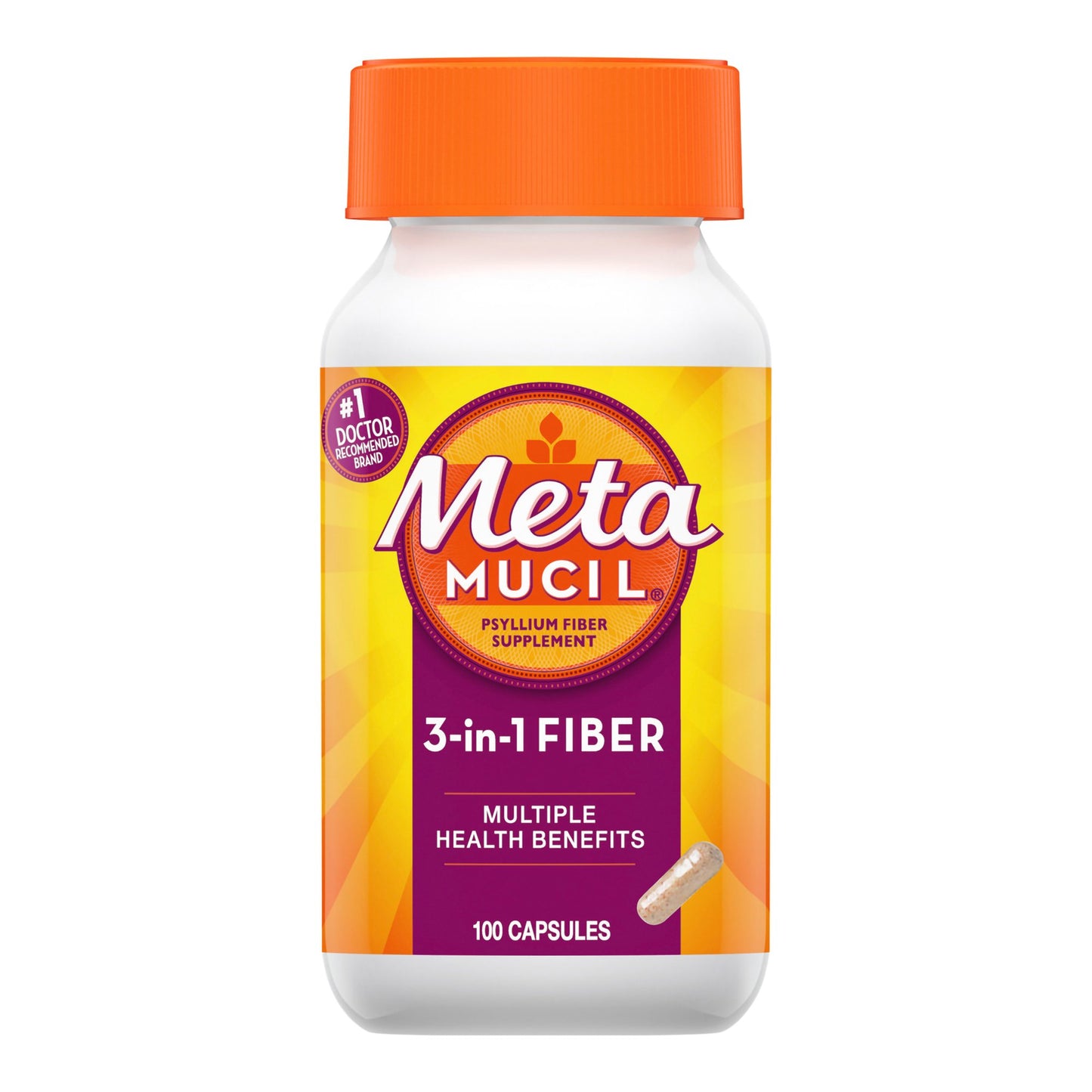 Fiber Supplement Metamucil® 3-in-1 Fiber Capsule 100 per Bottle 0.4 Gram Strength Potassium / Psyllium Husk