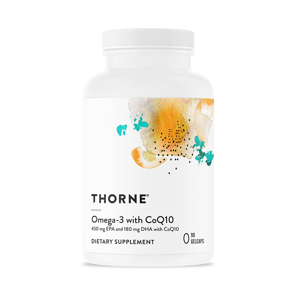Dietary Supplement THORNE® Omega-3 with CoQ10 EPA / DHA / Coenzyme Q10 450 mg - 180 mg - 30 mg Strength Gelcap 90 per Bottle